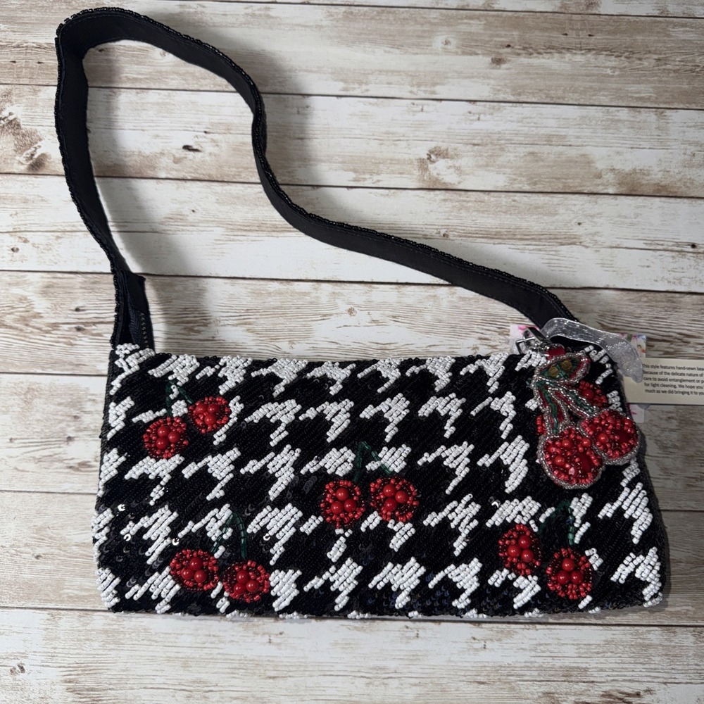 Handcrafted In India Womens Beaded Cherry Bag with charm Houndstooth Pattern NWT